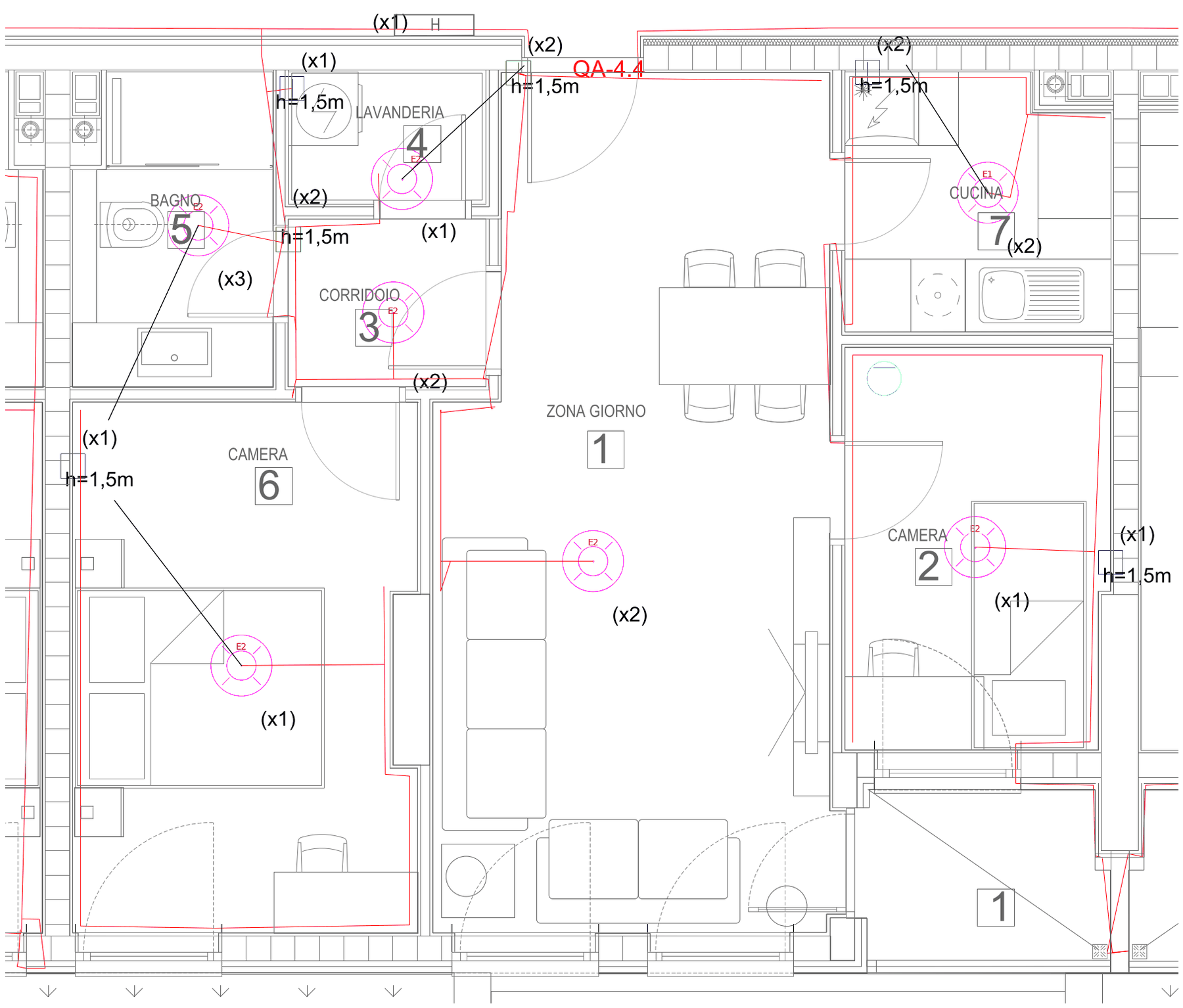 Lighting layout of the same apartment: one ceiling light per room, switches by the doors, two-way switches where a room has two entrances, cables along the walls
