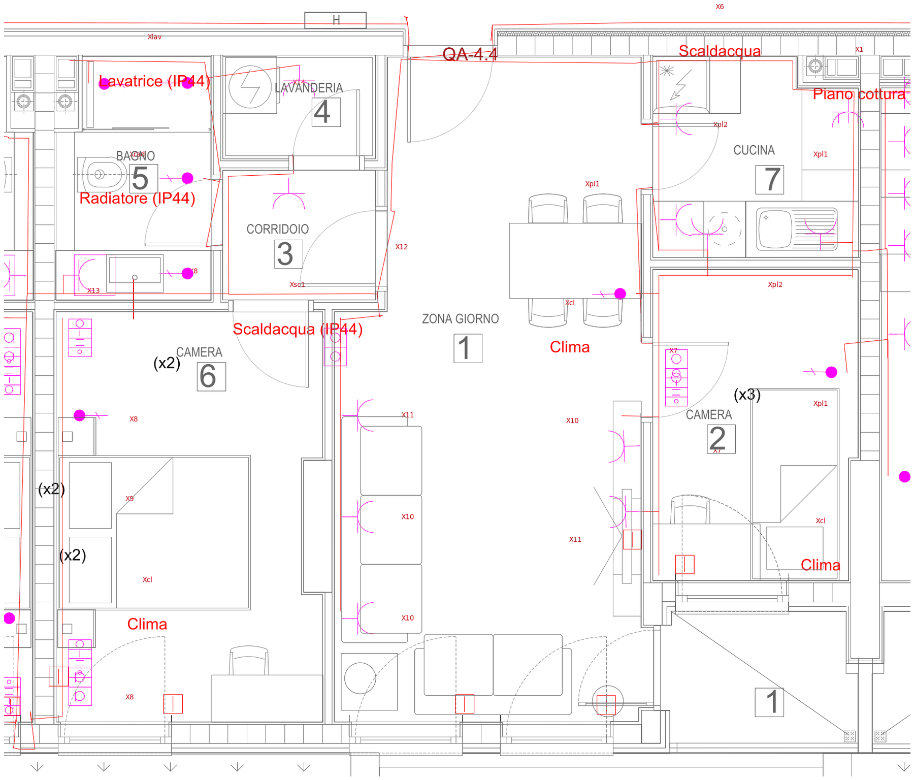 Socket layout of a typical apartment: sockets and fixed connections placed around the architect's furniture, each with its circuit code, cables along the walls