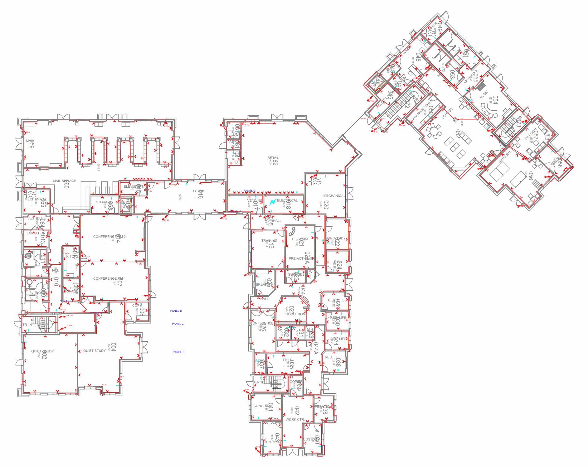 One floor of a residential building: cable routes traced in red along the walls, hundreds of outlets and lights derived from the layout